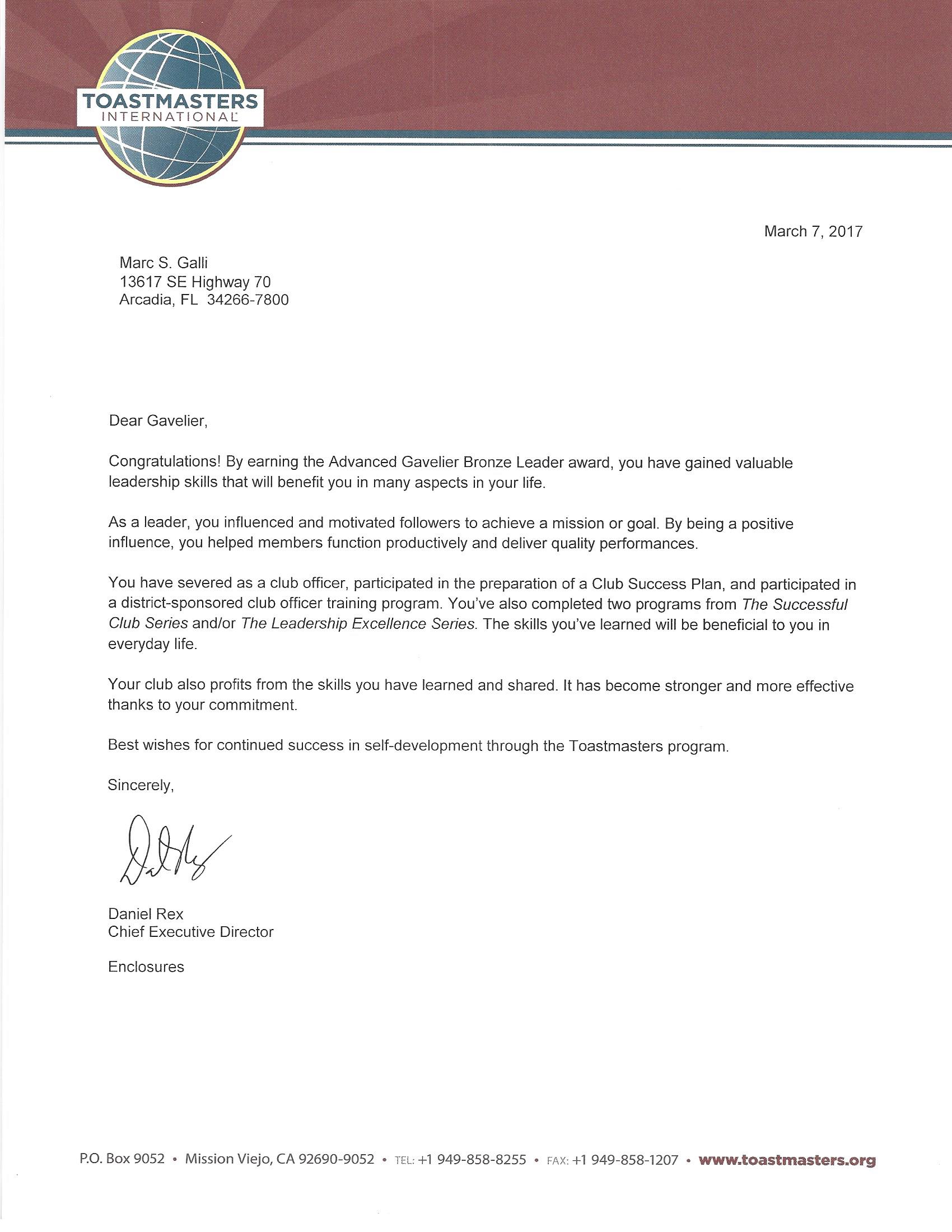 Marc Galli, Toastmasters International, ALB, Advanced Leader Bronze, Letter of Accommodation